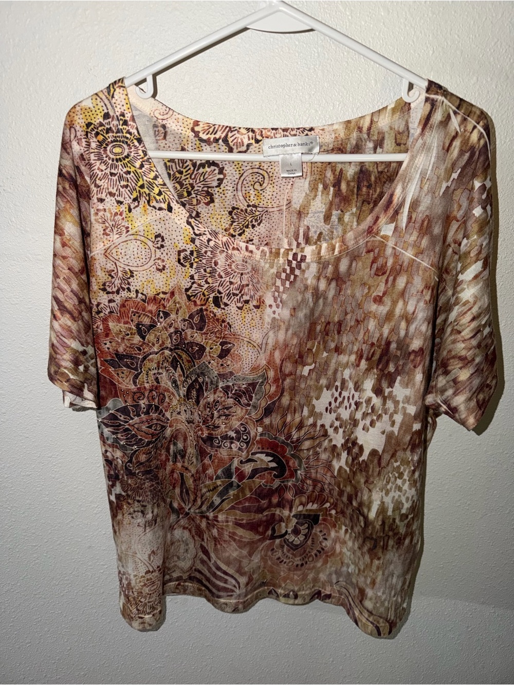 Christopher & Banks Short Sleeve Scoop Neck Floral Print Embellished Top L